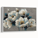 Framed canvas wall art showcasing an abstract design with colorful strokes and lines, set against a white background, viewed from the side for dimension.