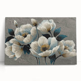 Abstract wall art featuring vibrant strokes and lines in shades of blue, orange, and yellow on stretched canvas, leaning against a neutral wall, enhancing modern decor.