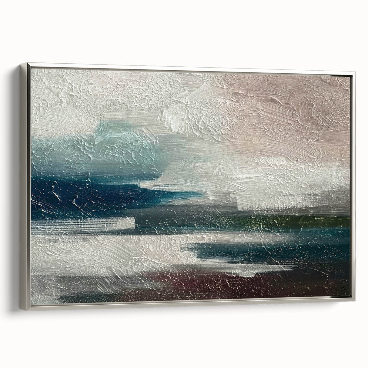 Framed canvas wall art showcasing an abstract design with colorful strokes and lines, featuring a sleek silver frame, ideal for modern decor accents.