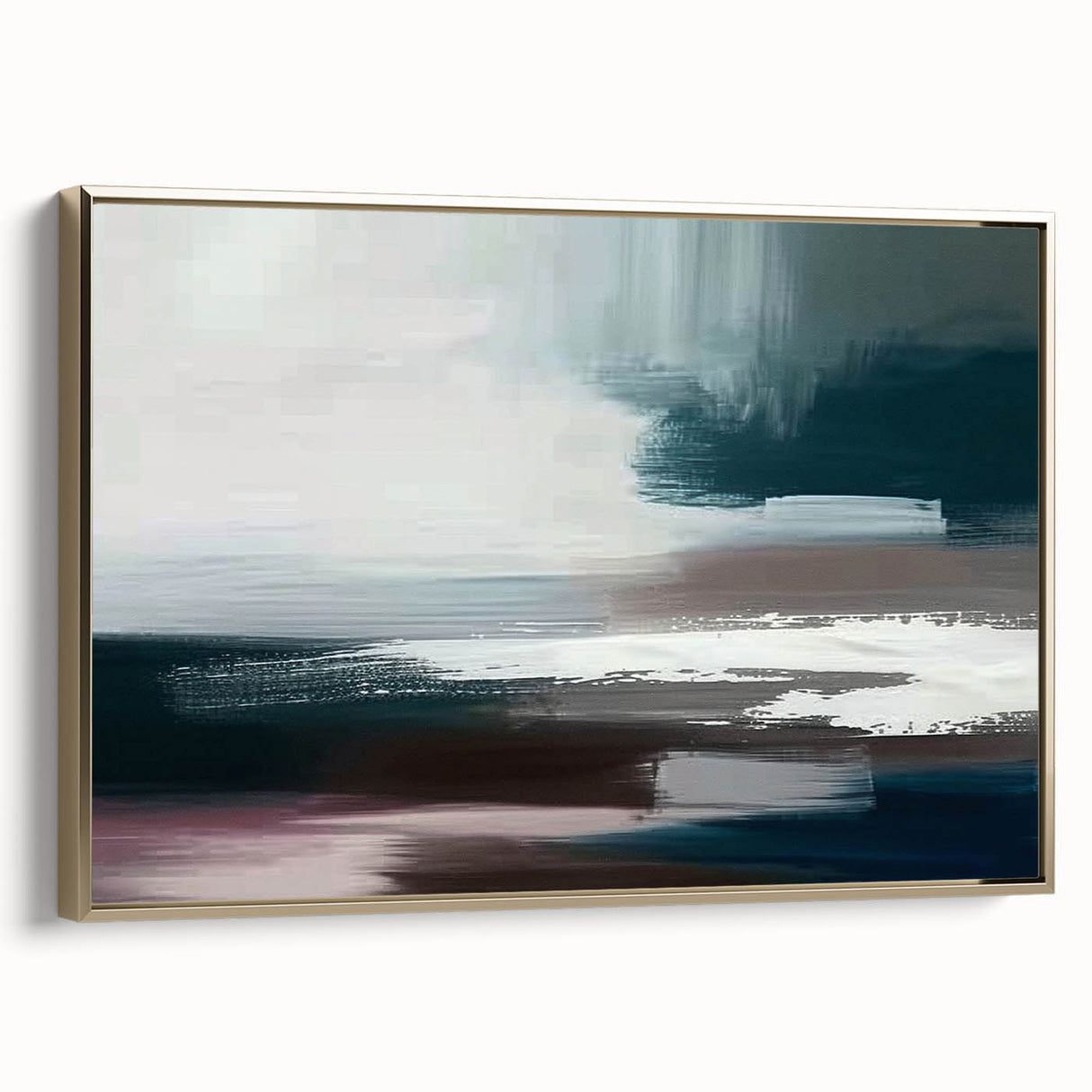 Framed canvas artwork showcasing an abstract strokes and lines design in gold tones, side view highlighting the sleek frame and contemporary style, perfect for modern home decor.