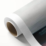 Abstract wall art featuring a vibrant composition of strokes and lines in shades of blue, orange, and gold, printed on rolled canvas, perfect for modern decor.