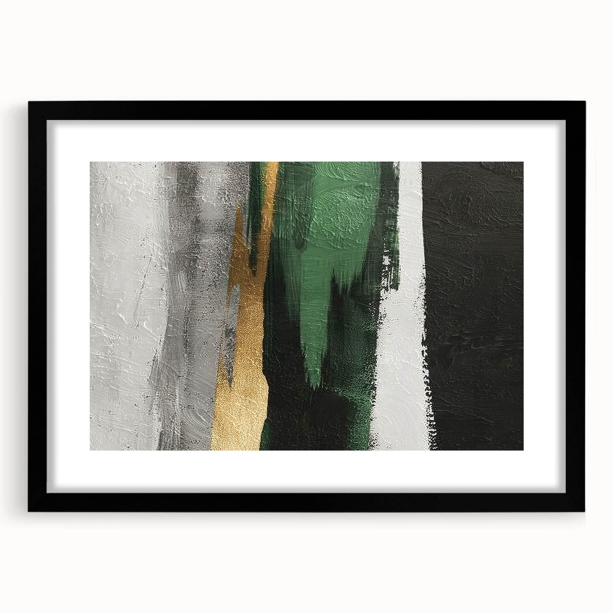 Abstract wall art featuring vibrant strokes and lines in a modern design, framed in black with a white mat, ideal for contemporary home decor.