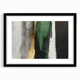 Abstract wall art featuring vibrant strokes and lines in a modern design, framed in black with a white mat, ideal for contemporary home decor.