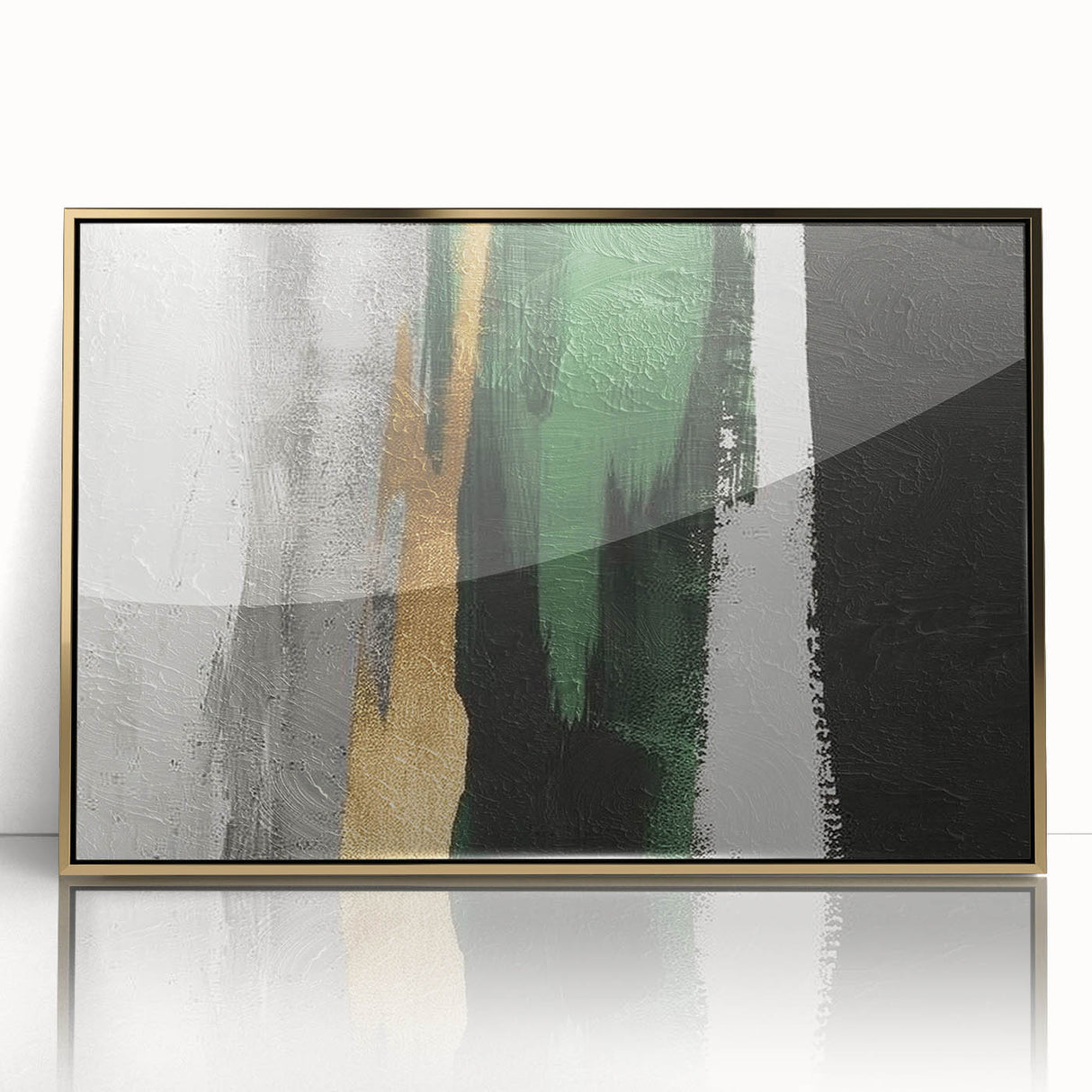 Framed wall art featuring abstract strokes and lines in gold and black, showcasing a modern design suitable for contemporary decor. Ideal for enhancing living spaces.
