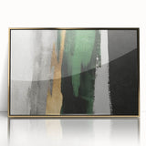 Framed wall art featuring abstract strokes and lines in gold and black, showcasing a modern design suitable for contemporary decor. Ideal for enhancing living spaces.