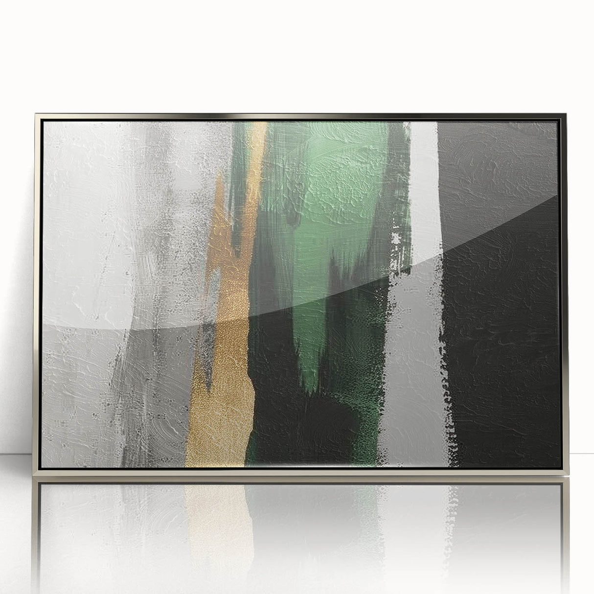 Framed acrylic wall art featuring an abstract design with colorful strokes and lines, presented in a sleek silver frame, ideal for modern home decor.