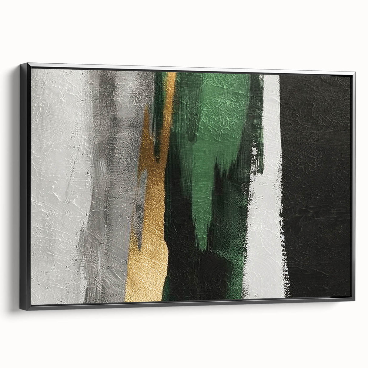 Framed canvas wall art featuring an abstract design of strokes and lines in monochrome colors, displayed from the side to showcase its sleek black frame, perfect for modern home decor.