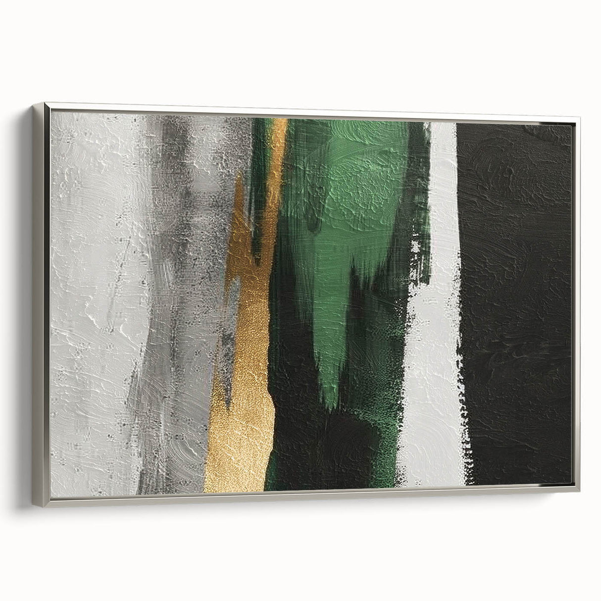 Framed canvas wall art showcasing an abstract design of strokes and lines in silver tones, perfect for modern decor. Ideal for enhancing living spaces with elegance.