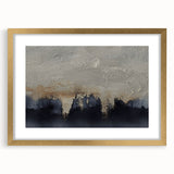 Abstract wall art featuring strokes and lines in gold and neutral tones, presented in a stylish frame with a mat, perfect for modern home decor.