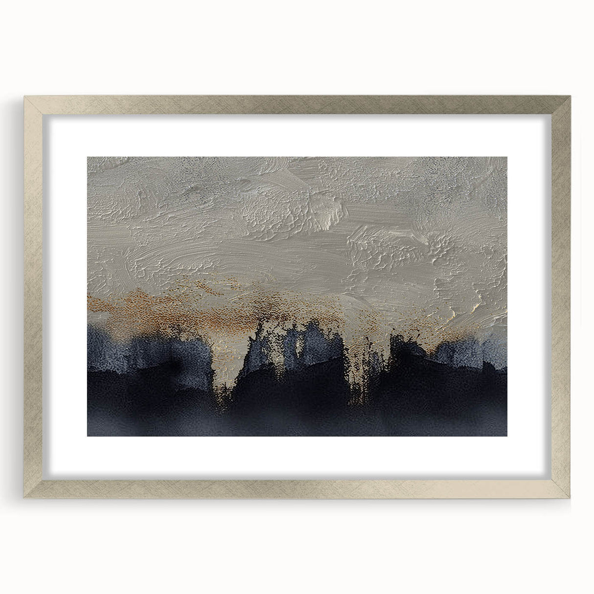 Abstract strokes and lines design in a silver-framed wall art piece, featuring a contemporary aesthetic with a mat, ideal for modern home decor.