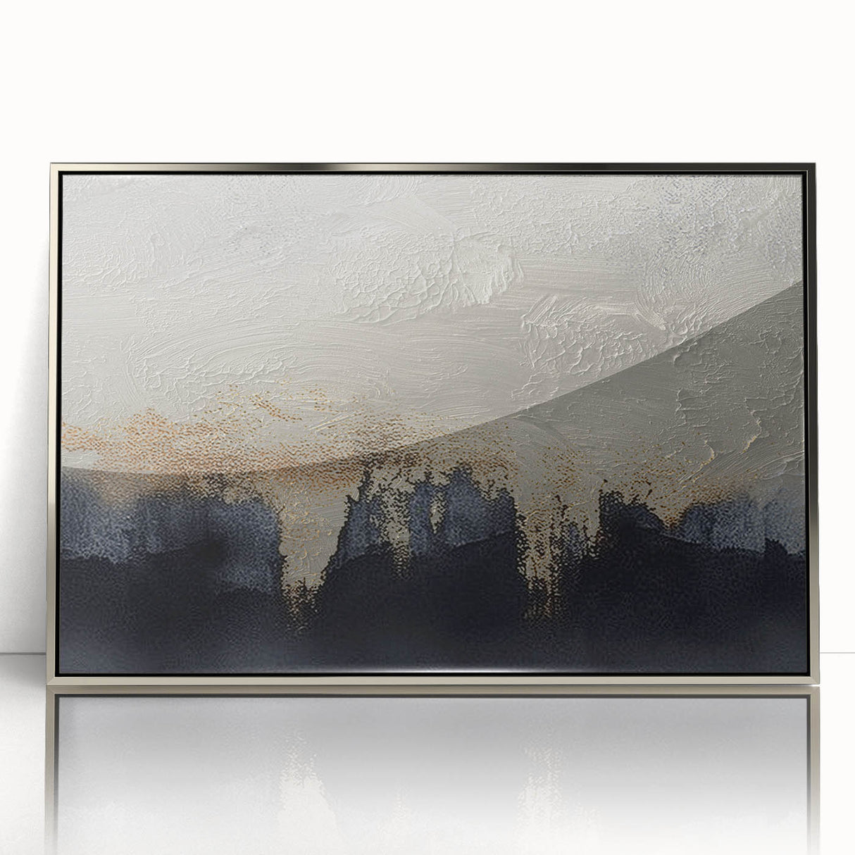 Framed wall art featuring an abstract design of strokes and lines in silver and white, elegantly displayed to enhance modern decor aesthetics.