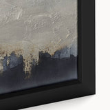 Abstract wall art featuring vibrant strokes and lines in shades of blue, orange, and gold, elegantly framed for stylish home decor or office enhancement.