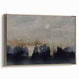 Framed wall art showcasing an abstract design with golden strokes and lines on a white canvas, adding a touch of elegance to any modern decor setting.