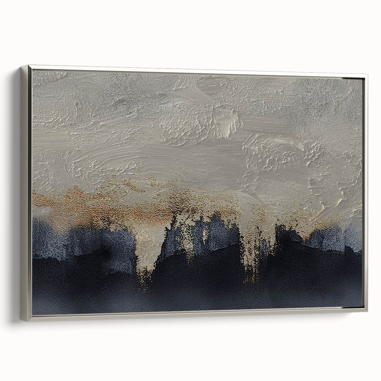 Framed abstract wall art showcasing dynamic strokes and lines in silver tones, perfect for modern decor, viewed from the side to highlight its sleek design.
