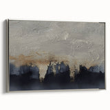 Framed abstract wall art showcasing dynamic strokes and lines in silver tones, perfect for modern decor, viewed from the side to highlight its sleek design.