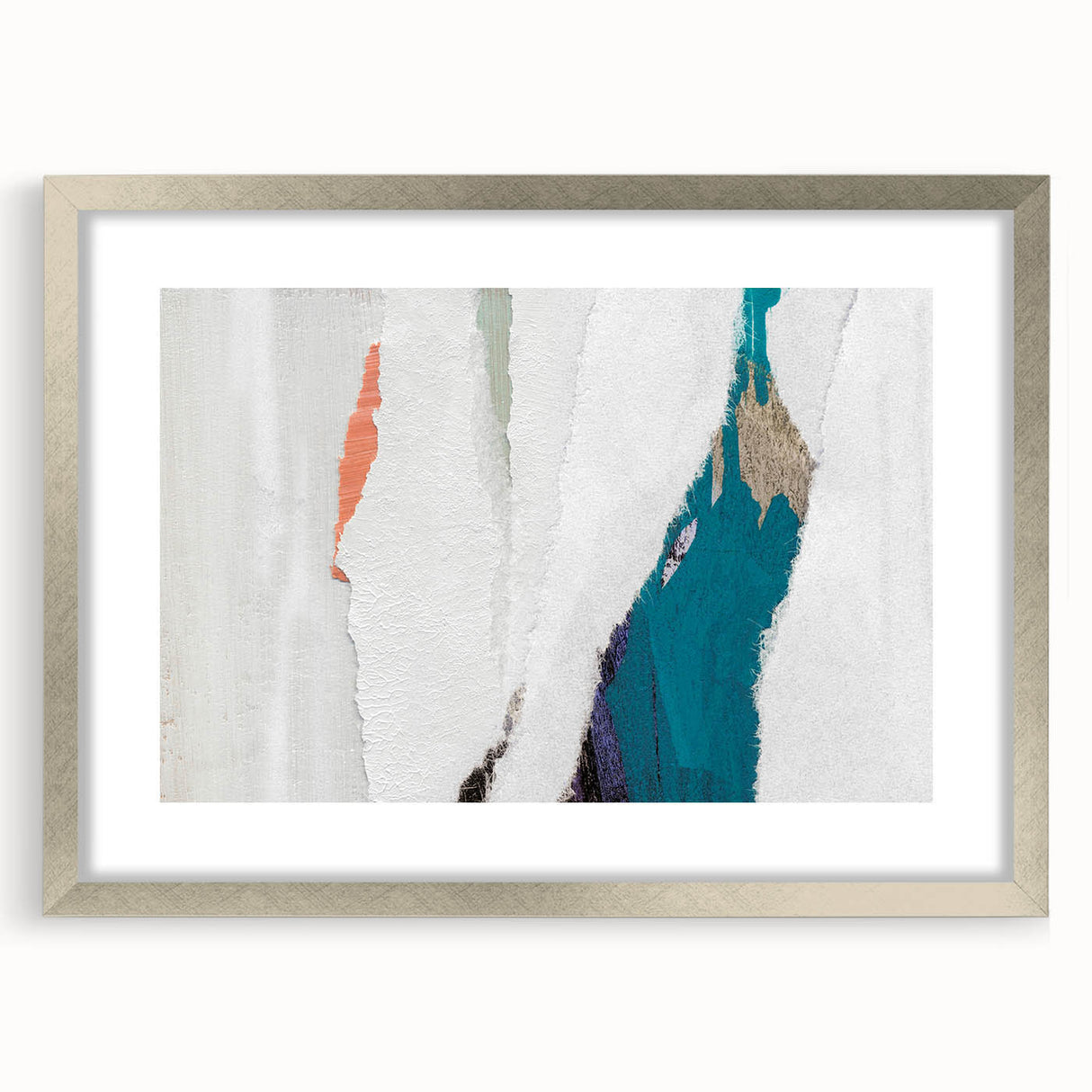 Framed wall art showcasing an abstract design with colorful strokes and lines, featuring a sleek silver frame and white matting for an elegant display.