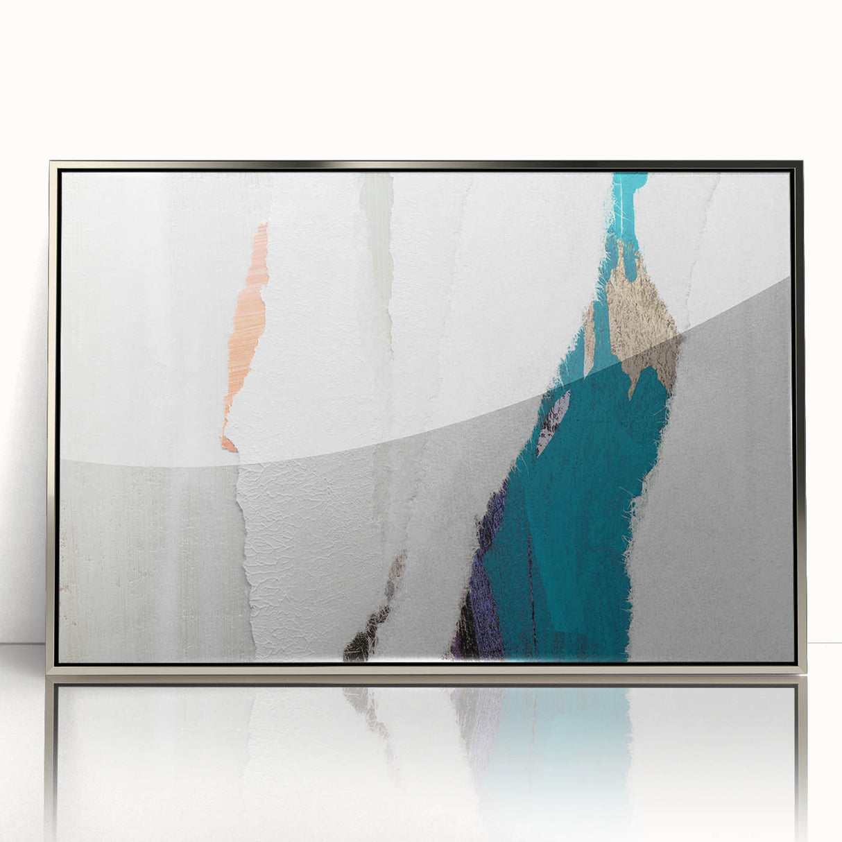 Framed wall art featuring an abstract design with dynamic strokes and lines in silver and gray tones, perfect for modern decor.