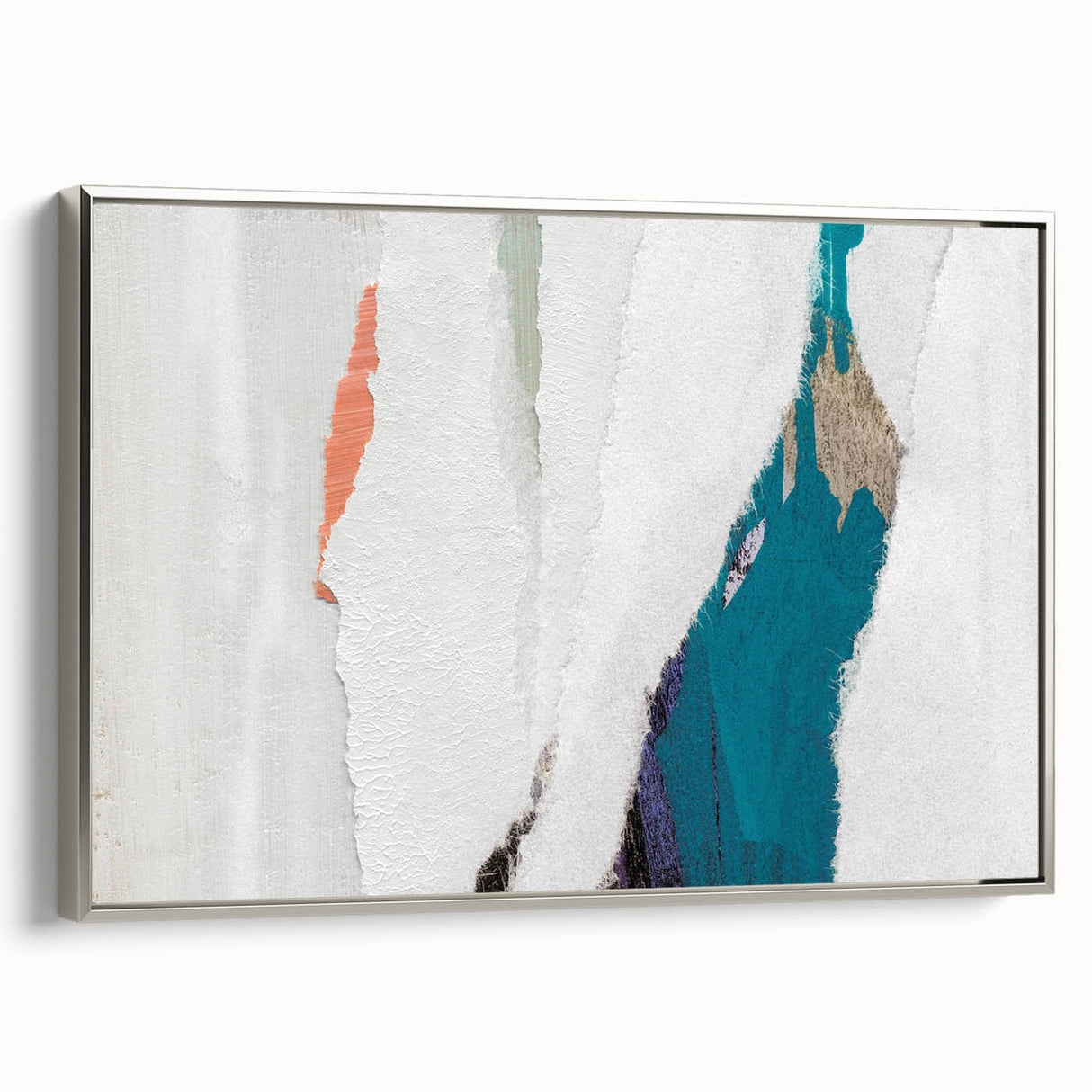 Framed abstract wall art showcasing fluid strokes and lines in silver hues, elegantly displayed from a side view, ideal for modern decor.