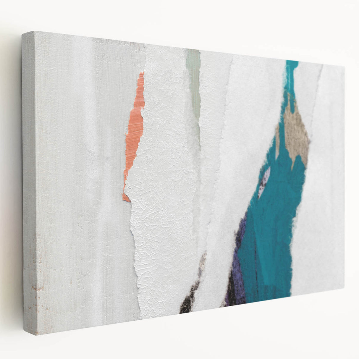 Colorful abstract strokes and lines on a stretched canvas wall art piece, showcasing vibrant hues and modern design from a side view, perfect for contemporary decor.