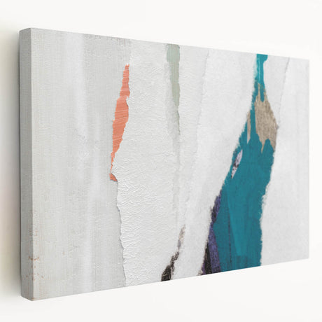 Colorful abstract strokes and lines on a stretched canvas wall art piece, showcasing vibrant hues and modern design from a side view, perfect for contemporary decor.
