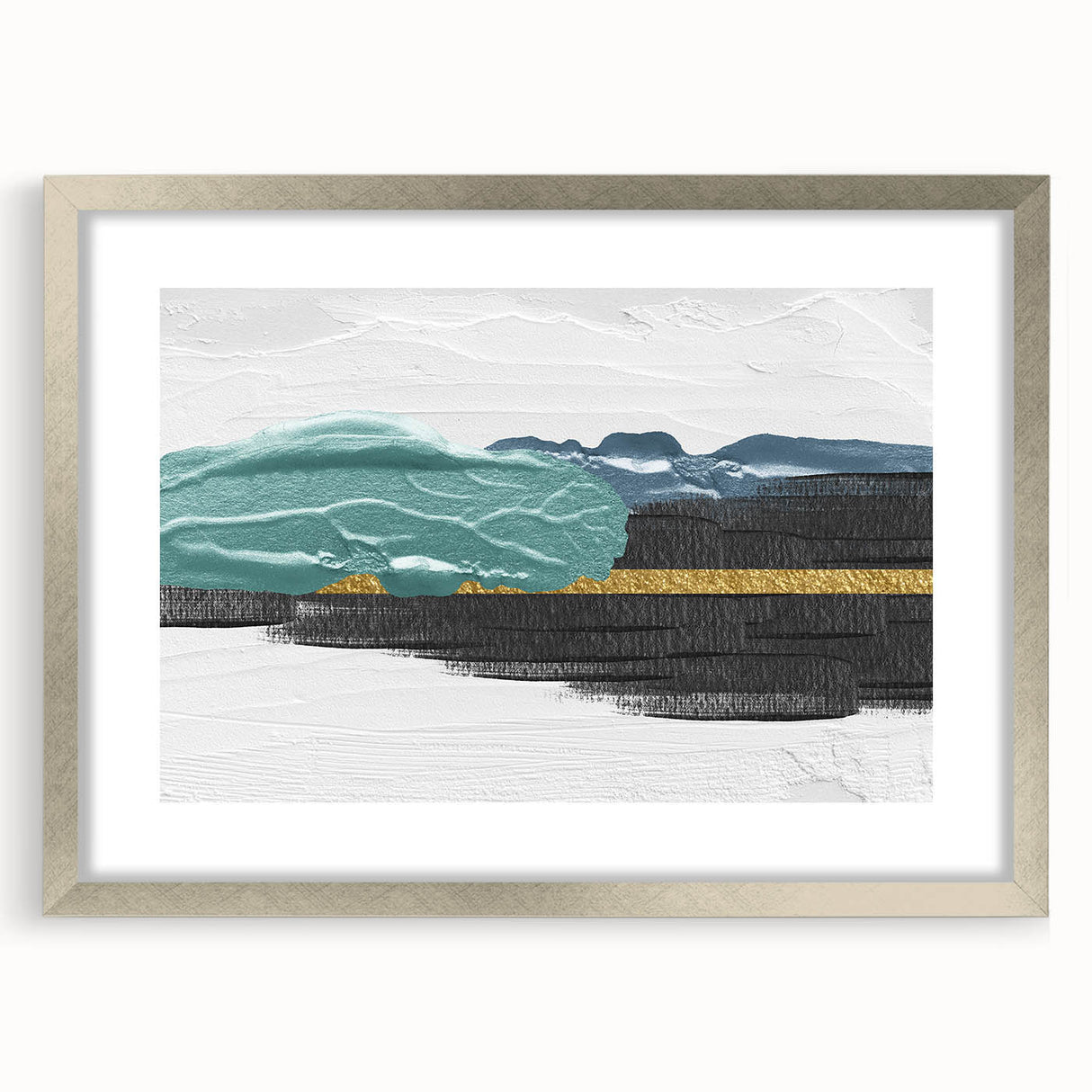 Abstract wall art design featuring strokes and lines in a modern style, framed with a silver mat, perfect for contemporary decor in living spaces or offices.