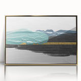 Framed wall art showcasing an abstract design with gold strokes and lines, set against a sleek acrylic background, perfect for modern decor enhancement.