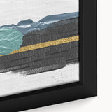 Close-up of a framed canvas art piece showcasing an abstract design with colorful strokes and lines, perfect for modern home decor, emphasizing vibrant hues and artistic flair.