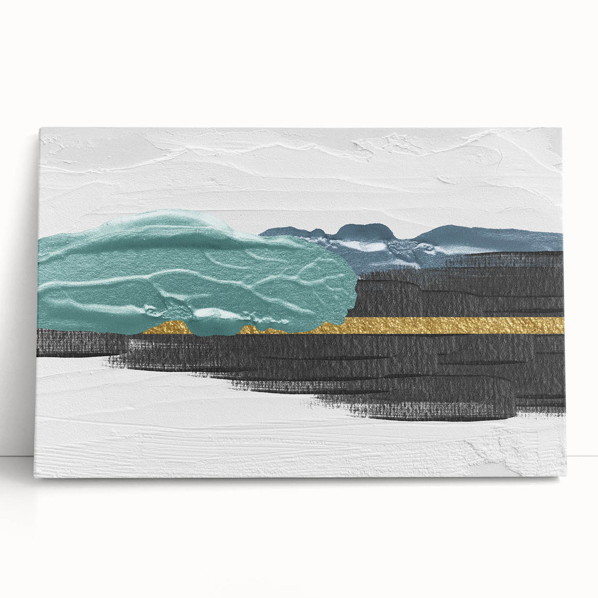 Abstract wall art featuring colorful strokes and lines in vibrant hues of blue, yellow, and orange on a stretched canvas, perfect for modern home decor accents.