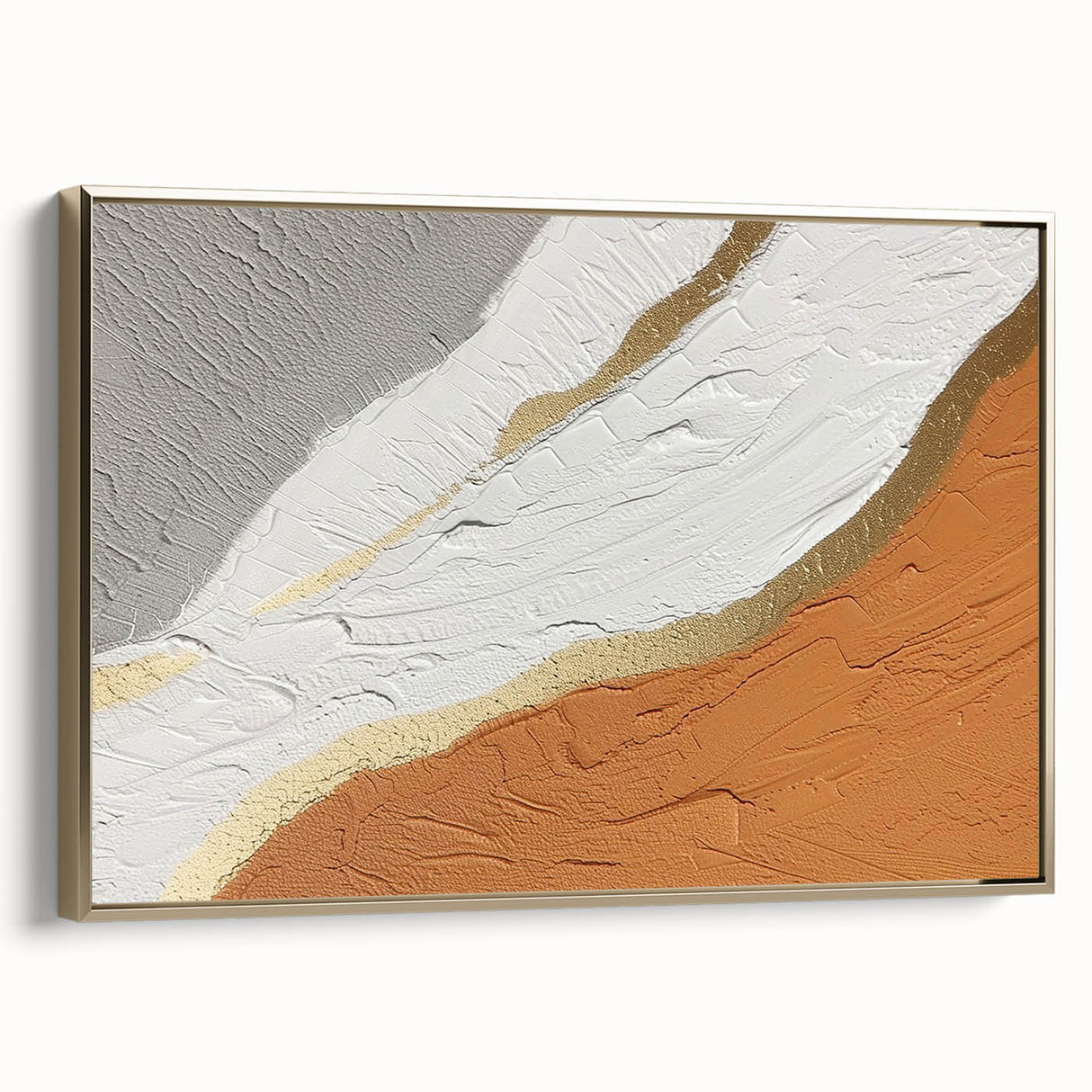 Framed canvas wall art showcasing an abstract design with gold strokes and lines, elegantly displayed from a side view to highlight its texture and modern aesthetic.