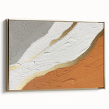 Framed canvas wall art showcasing an abstract design with gold strokes and lines, elegantly displayed from a side view to highlight its texture and modern aesthetic.