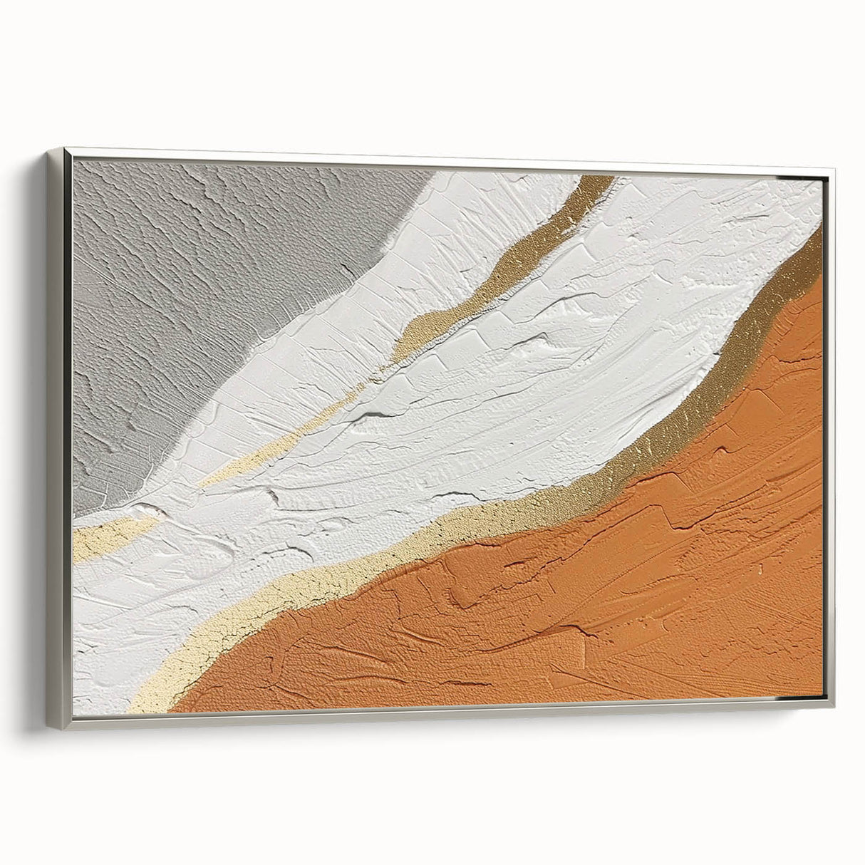 Framed wall art featuring an abstract design of colorful strokes and lines, presented in a sleek silver frame, ideal for modern home decor.
