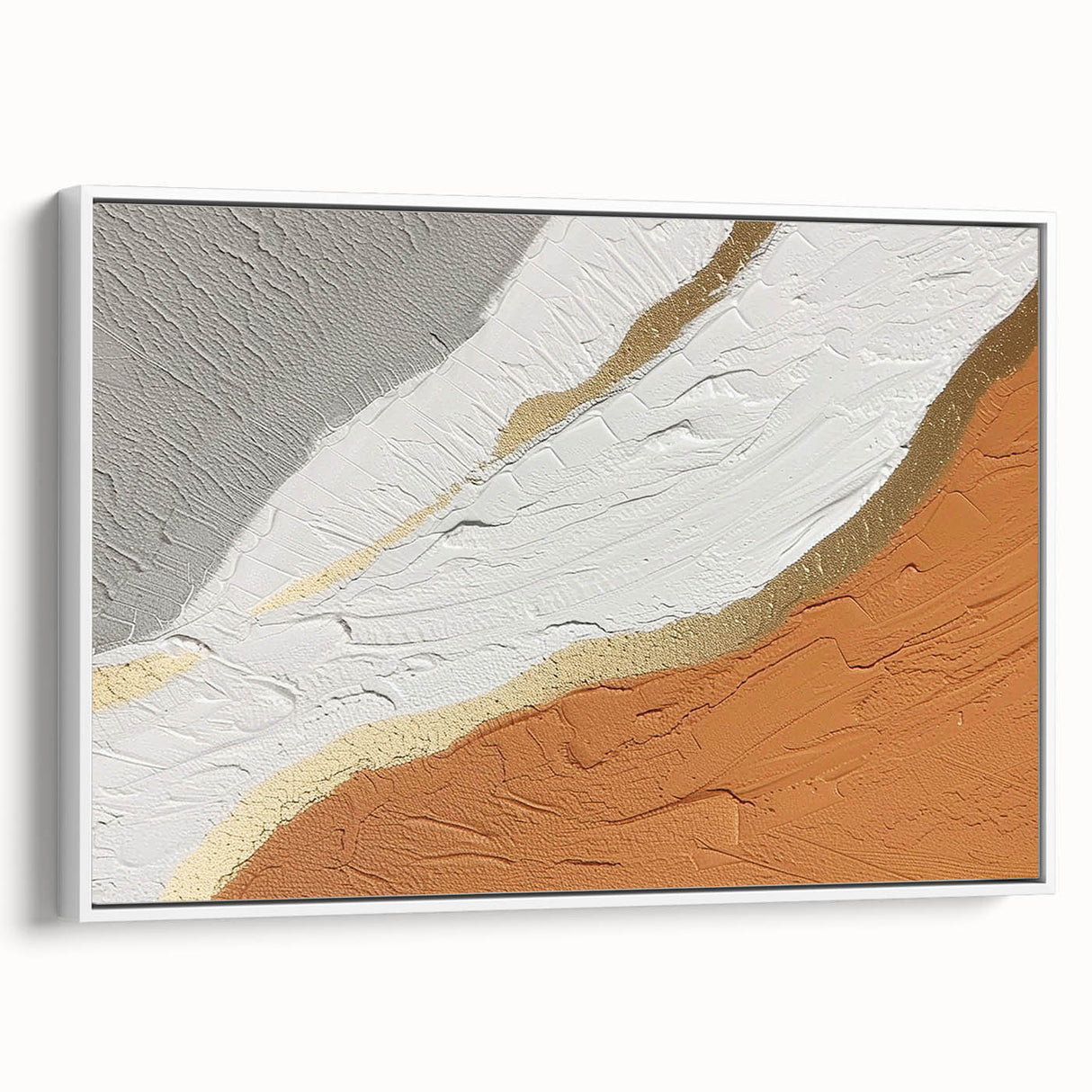Framed canvas artwork showcasing an abstract design of colorful strokes and lines, elegantly displayed in a modern white frame, perfect for contemporary home decor.