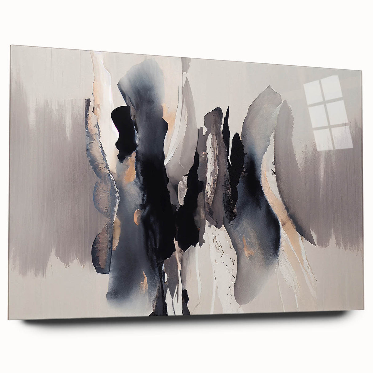 Abstract wall art featuring vibrant strokes and lines in bold colors, displayed in an acrylic glass frame from the 702 collection, showcasing modern design elements.