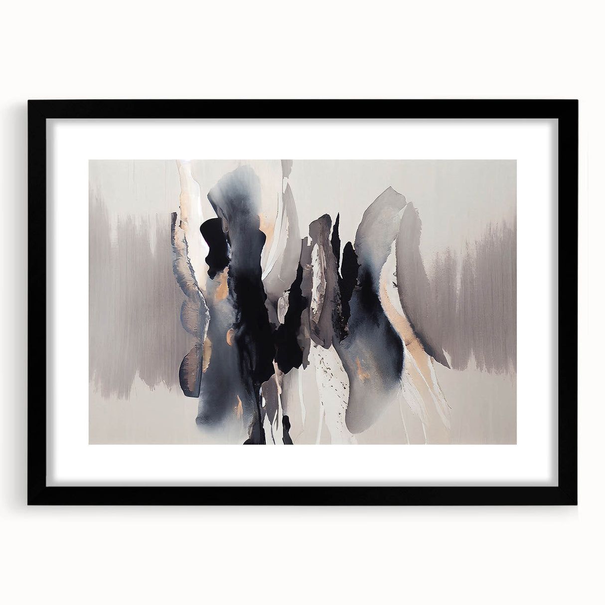Abstract wall art featuring dynamic strokes and lines in a modern design, framed with a sleek black border, perfect for contemporary home decor.