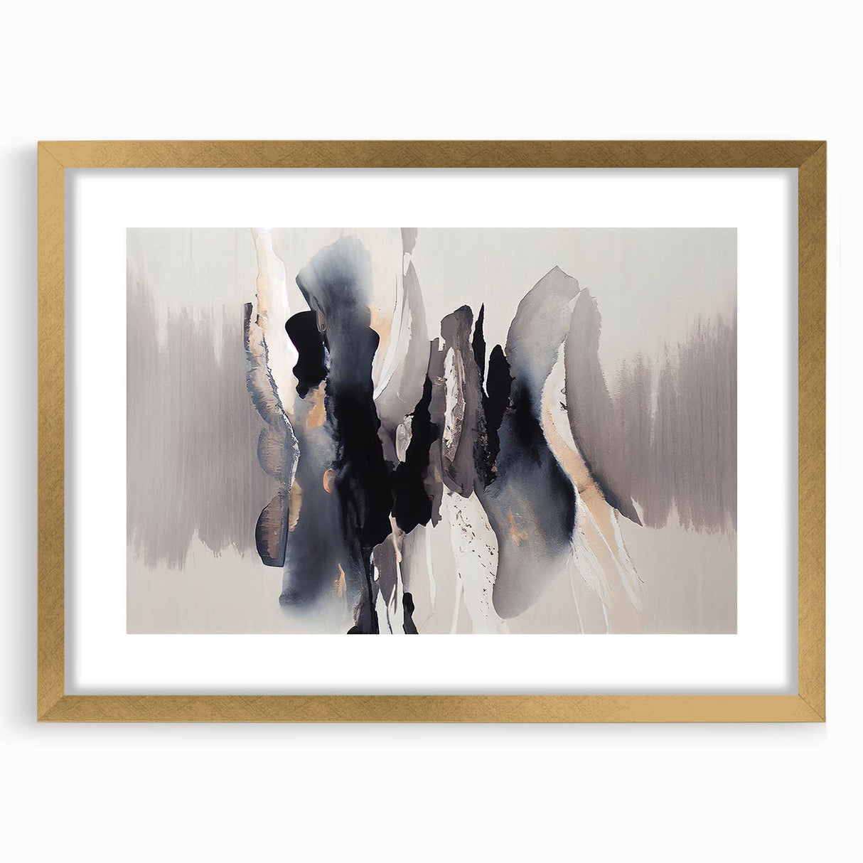 Abstract strokes and lines wall art design in a gold frame with mat, showcasing a modern aesthetic. Perfect for contemporary home decor and art enthusiasts.