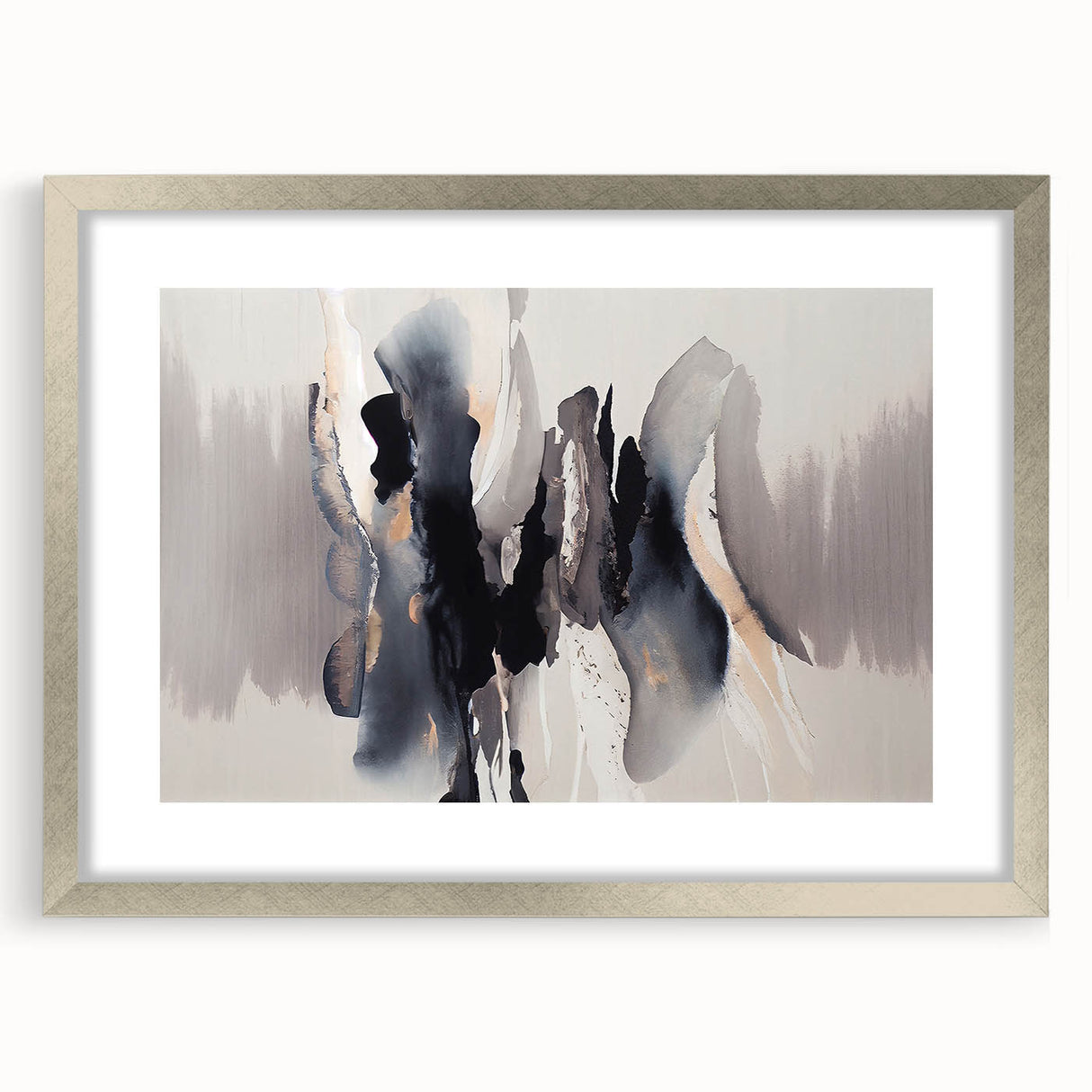Abstract wall art featuring dynamic strokes and lines in a silver frame with matting, showcasing a modern design perfect for contemporary home decor.