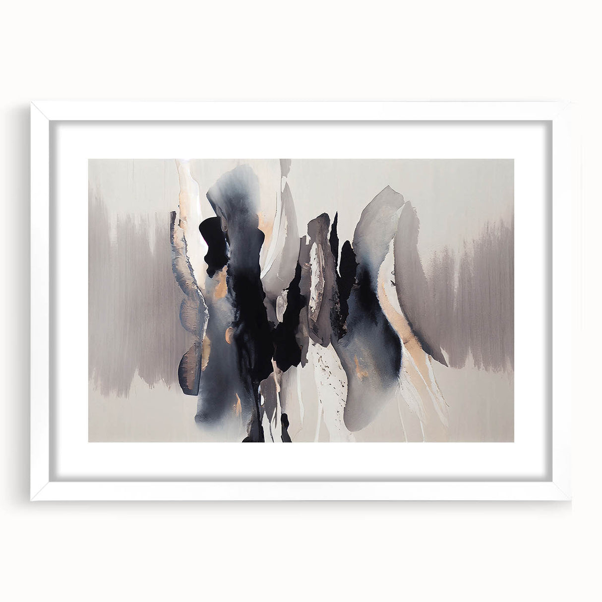 Abstract wall art featuring a contemporary design of colorful strokes and lines, framed in a sleek white mat, perfect for modern home decor.
