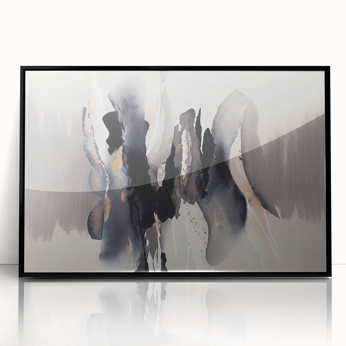Framed acrylic wall art featuring an abstract design of colorful strokes and lines, set against a sleek black frame, perfect for modern home decor.