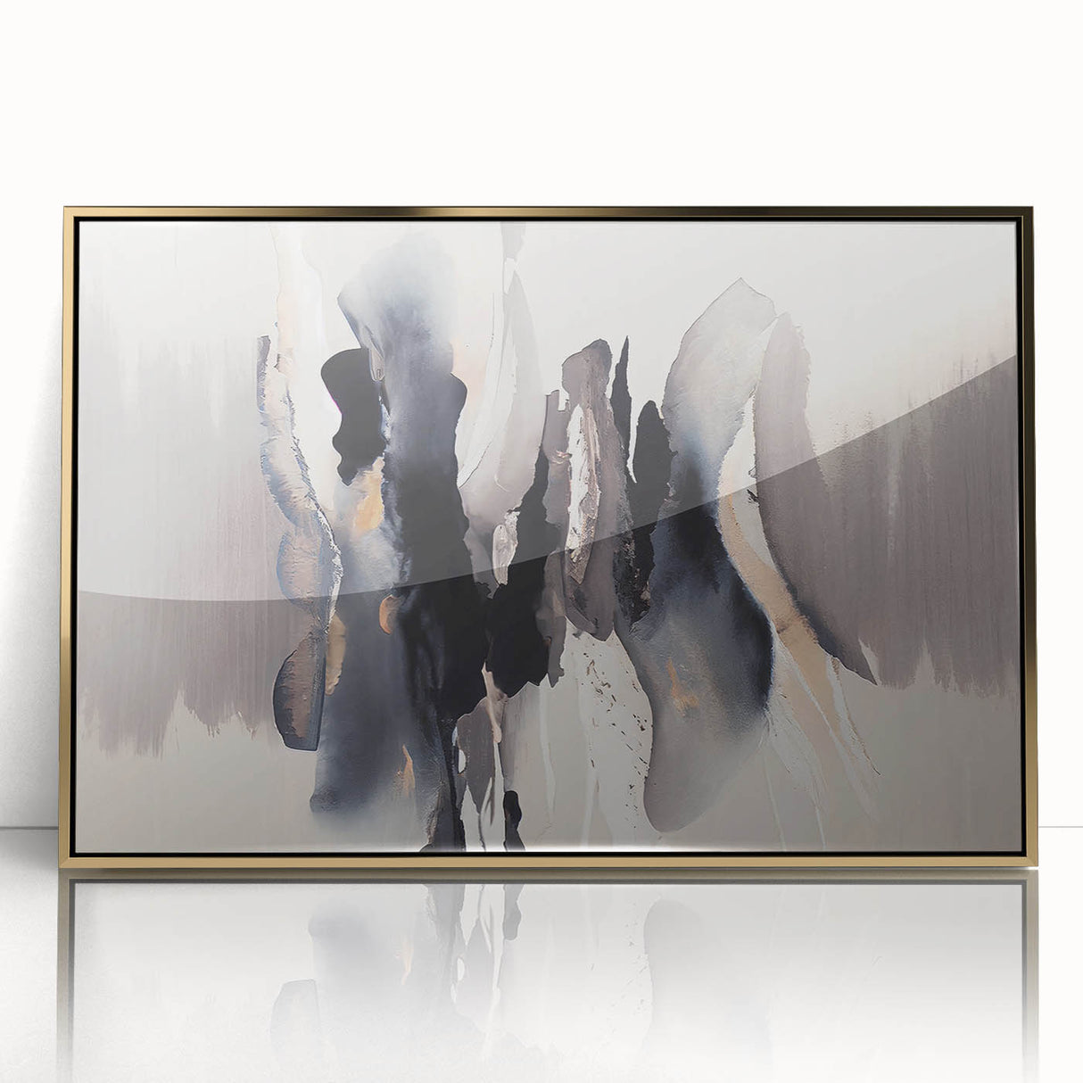 Framed wall art featuring an abstract design of colorful strokes and lines in gold and black hues, ideal for modern decor and interior styling.