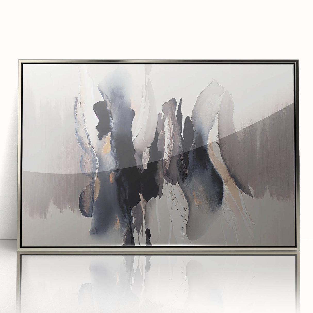 Framed wall art showcasing an abstract design of silver strokes and lines, set against a white background, perfect for modern home decor. Ideal for living room or office spaces.