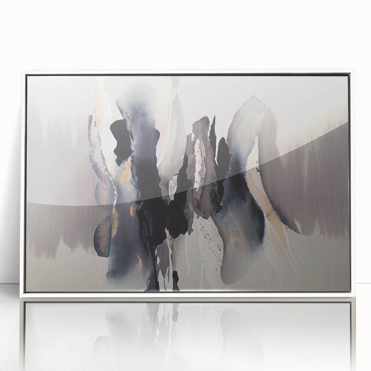 Framed acrylic wall art featuring an abstract design of colorful strokes and lines, set against a white background, ideal for modern home decor.