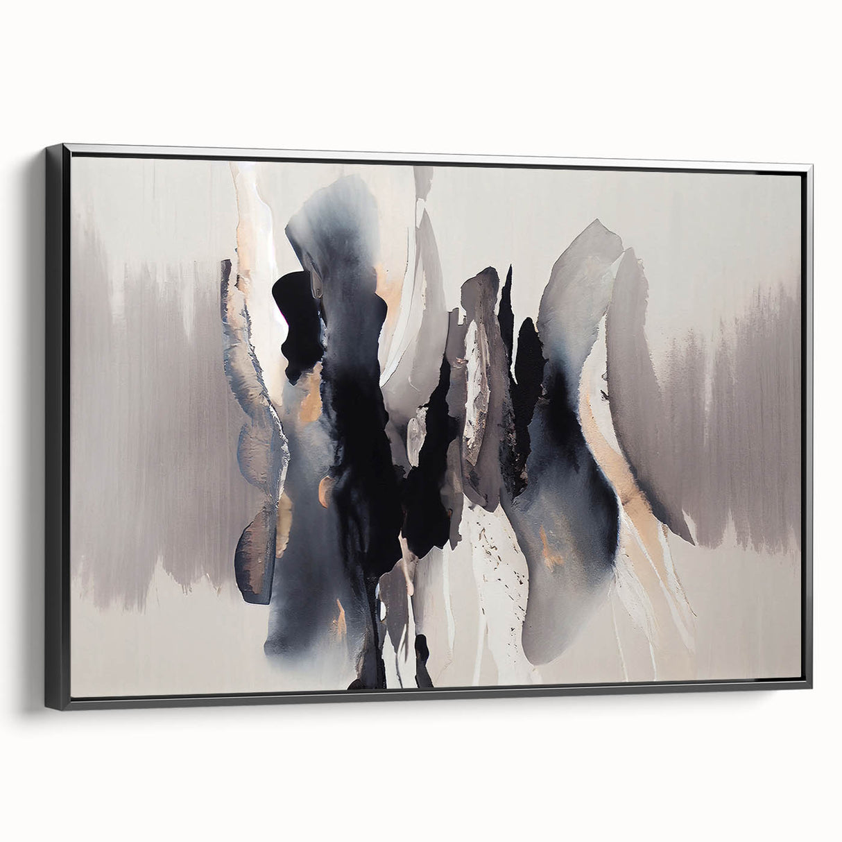 Framed canvas wall art showcasing an abstract design of colorful strokes and lines on a sleek black background, perfect for modern home decor.