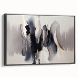 Framed canvas wall art showcasing an abstract design of colorful strokes and lines on a sleek black background, perfect for modern home decor.