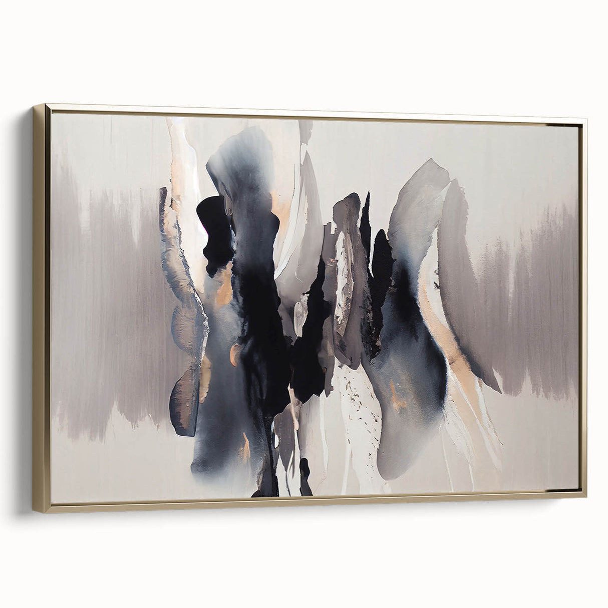 Framed wall art showcasing an abstract design with gold strokes and lines on a textured canvas, set against a neutral background. Perfect for modern decor.