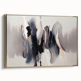 Framed wall art showcasing an abstract design with gold strokes and lines on a textured canvas, set against a neutral background. Perfect for modern decor.