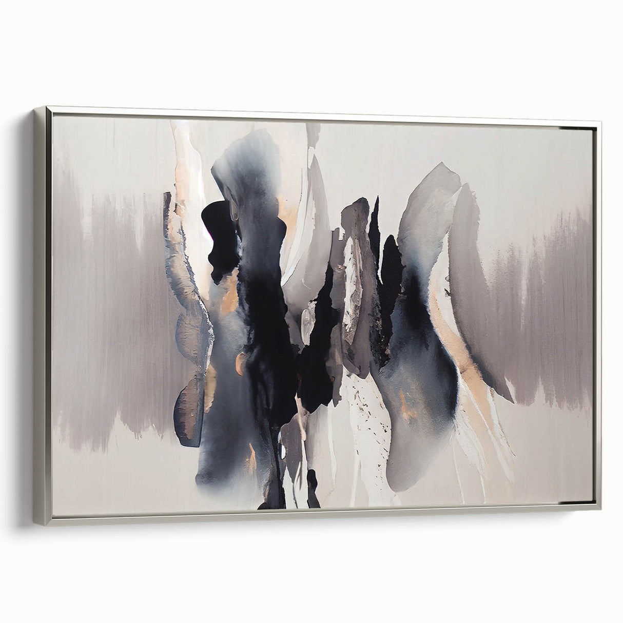 Framed canvas wall art showcasing an abstract design of strokes and lines in soft silver tones, perfect for modern home decor. Ideal for enhancing living spaces.