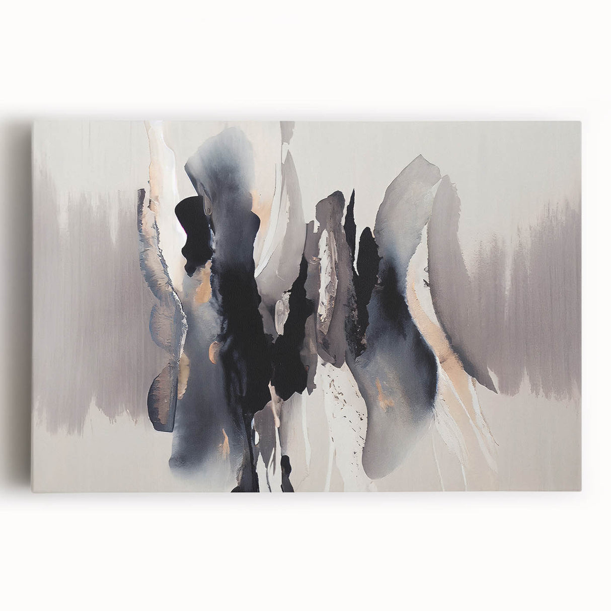 Abstract wall art featuring vibrant strokes and lines in shades of blue, orange, and yellow on a stretched canvas, perfect for modern home decor.
