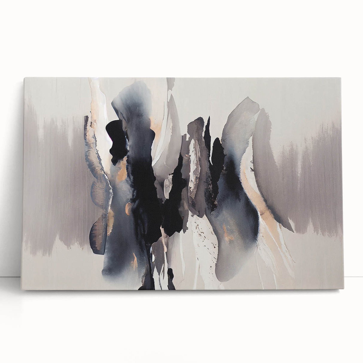 Abstract wall art featuring vibrant strokes and lines in shades of blue, orange, and yellow, displayed on a stretched canvas, perfect for modern decor.
