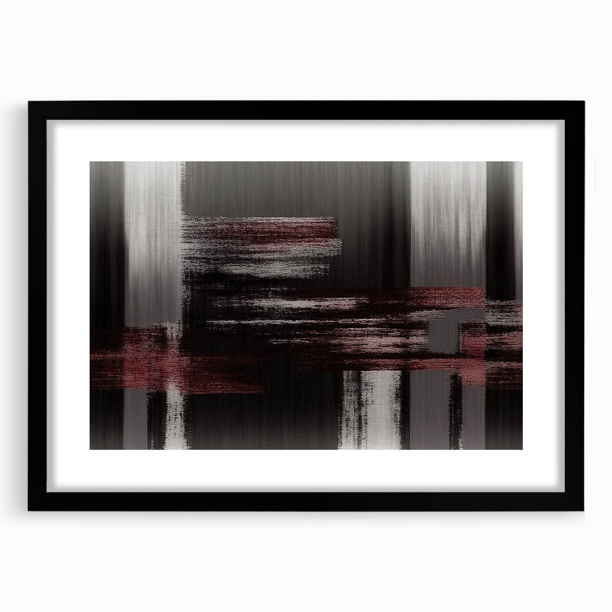 Abstract wall art print showcasing a dynamic composition of colorful strokes and lines in a black frame with a mat, perfect for modern decor.