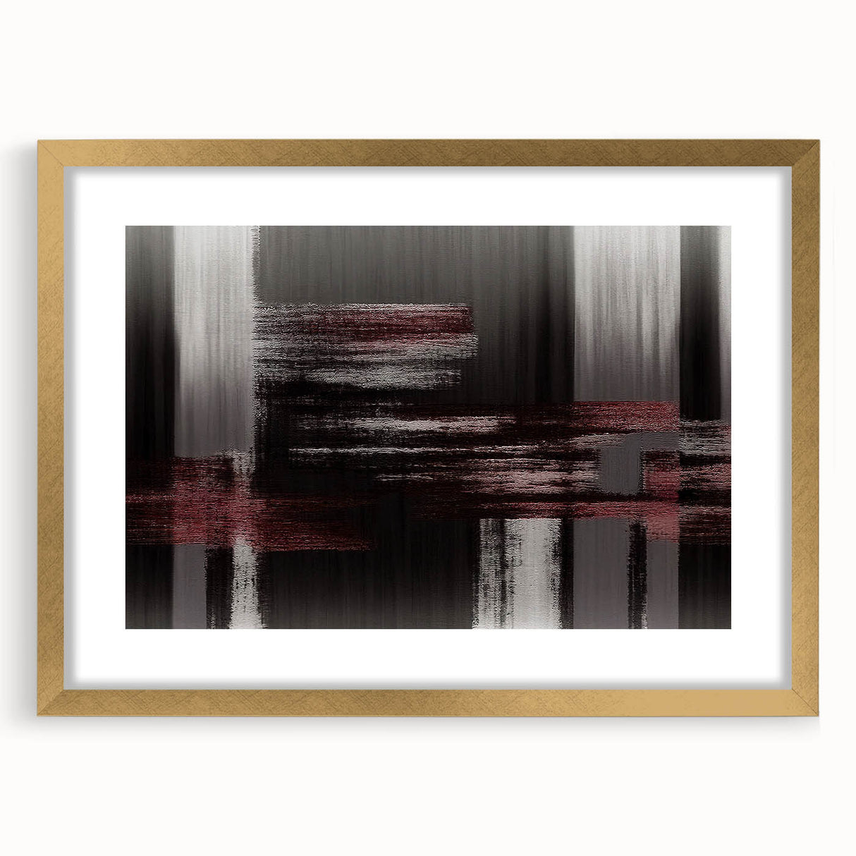 Abstract wall art featuring a dynamic composition of strokes and lines in warm tones, elegantly framed with a gold mat, ideal for modern decor.